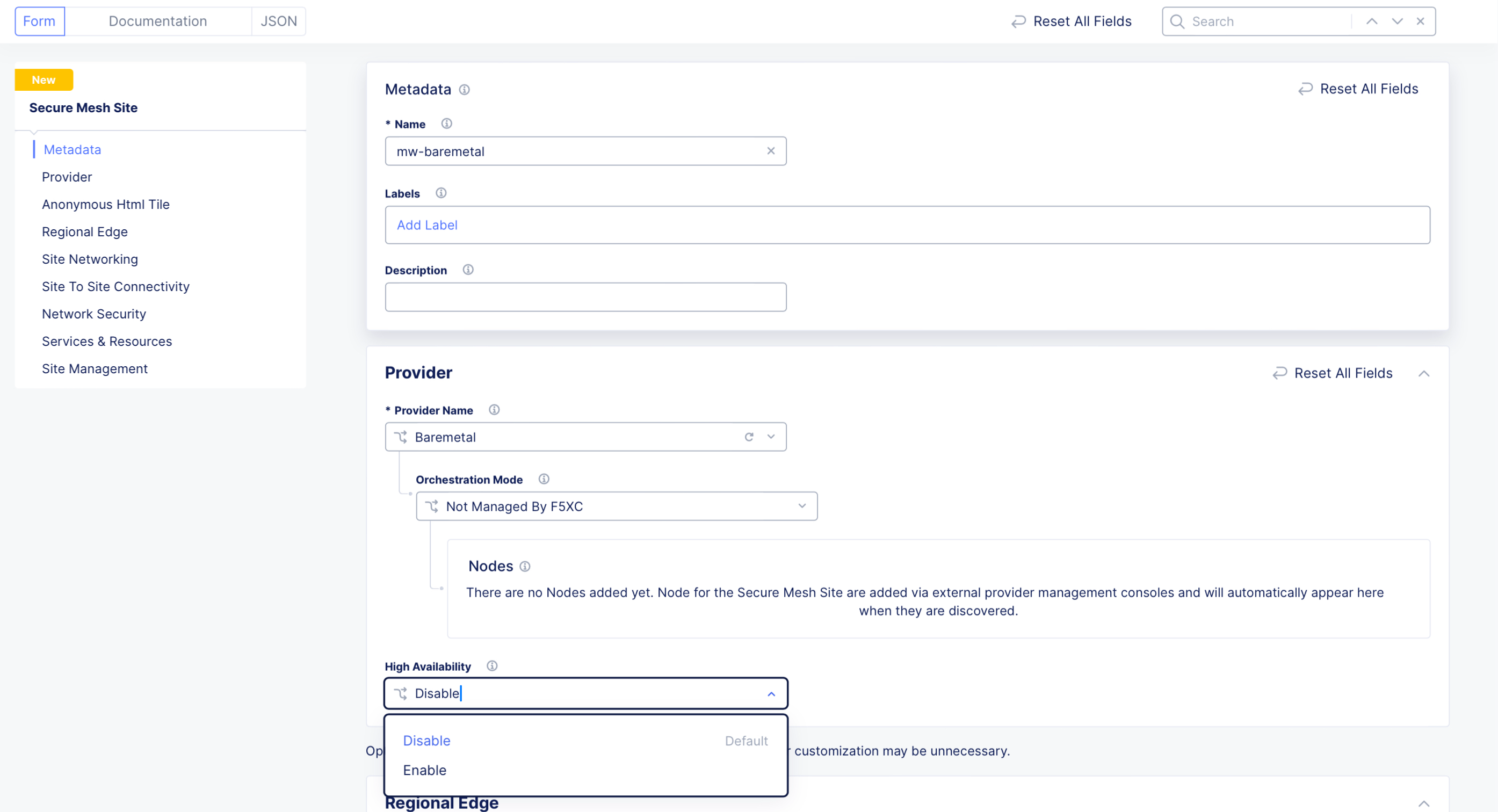 Figure: Create Site Object