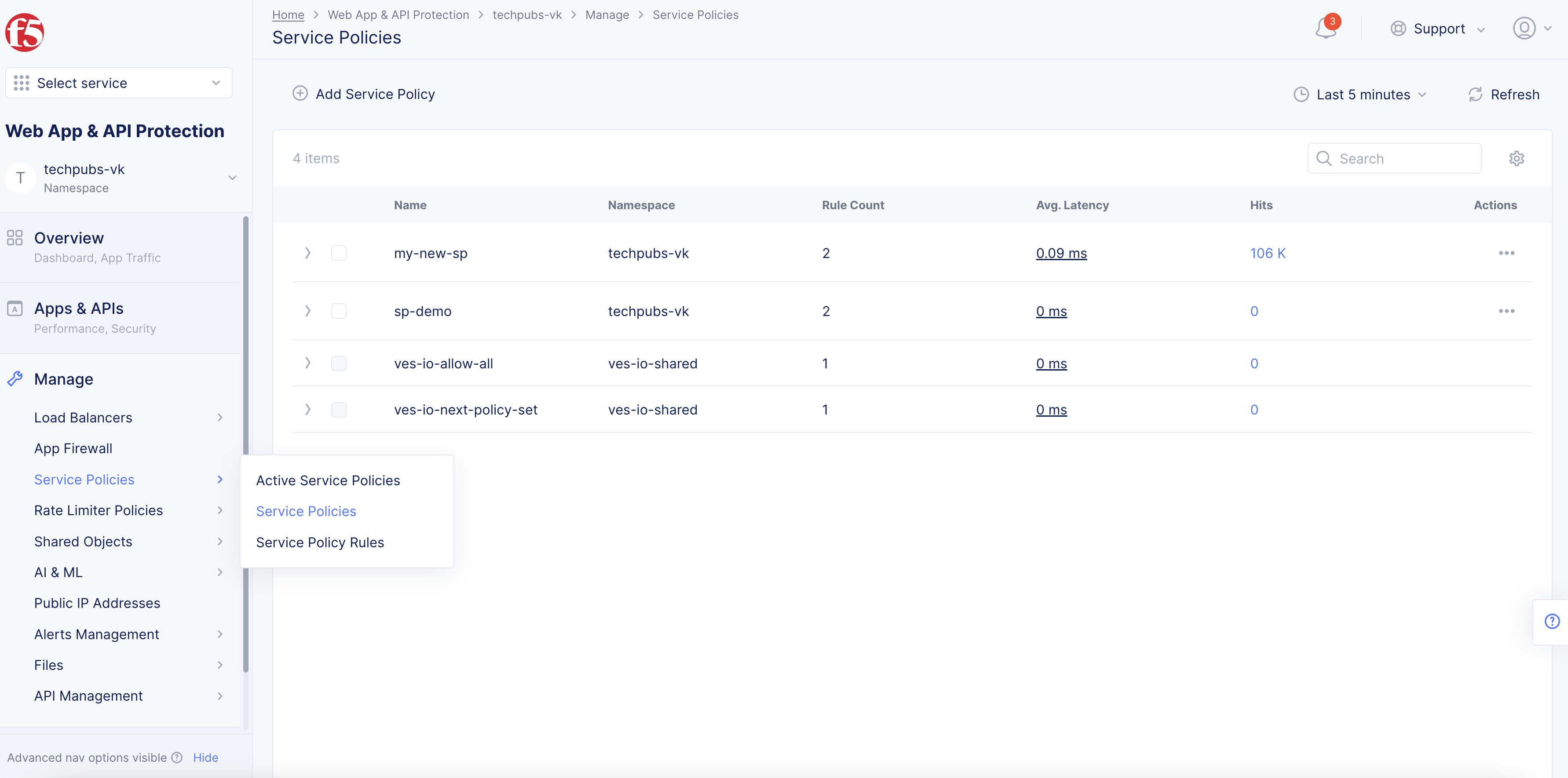 Figure: List of Service Policies