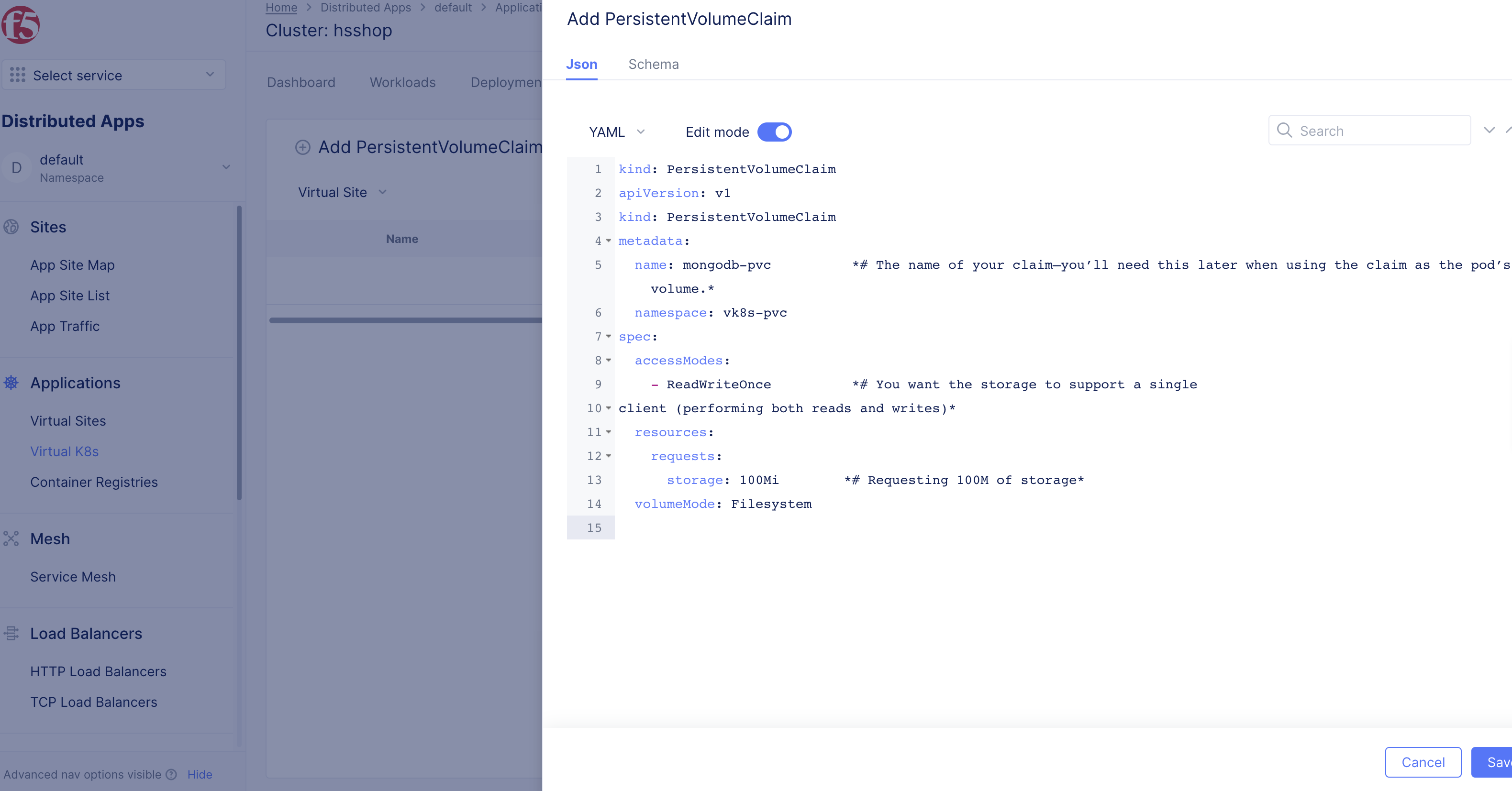 Figure: Create PVC in the F5 Console