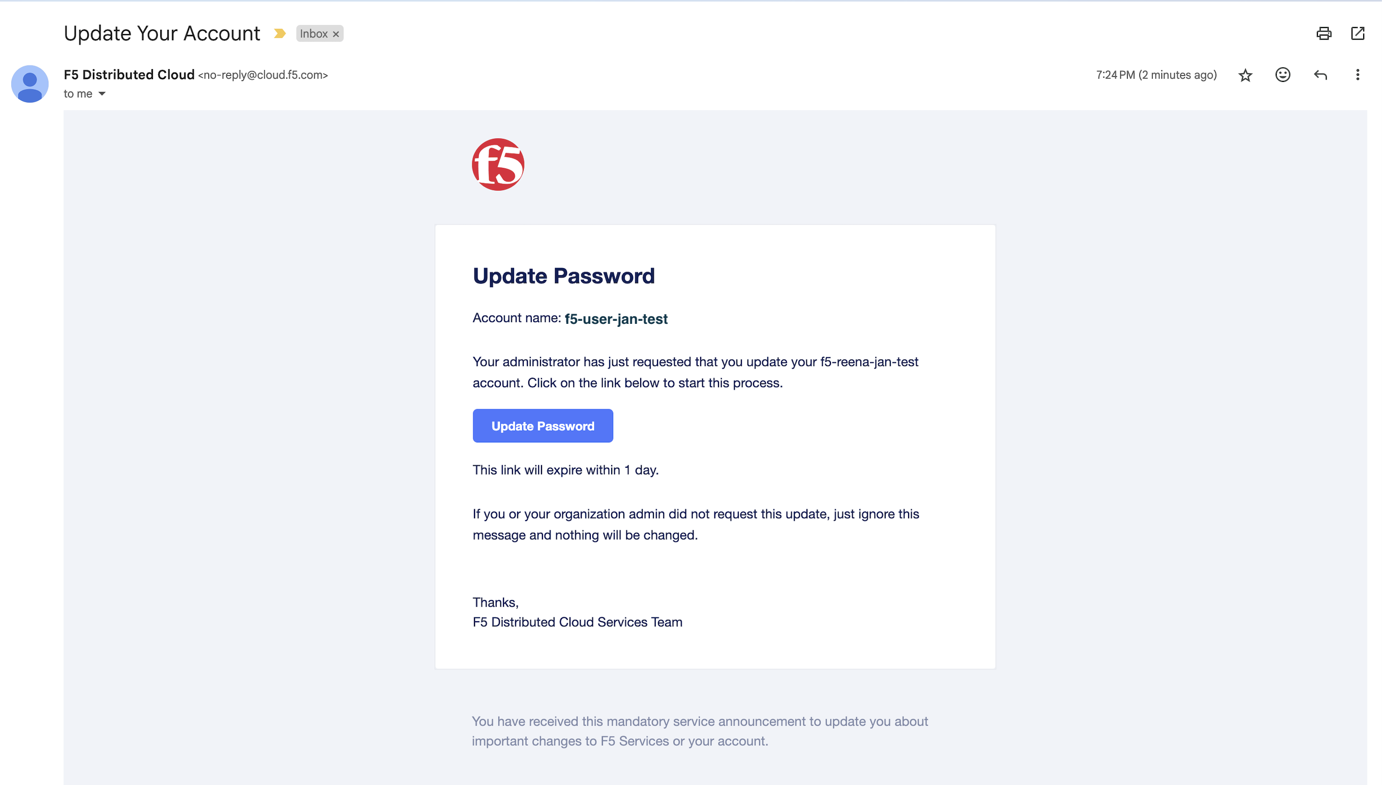 Figure: Update Password Email